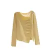 Suéter de Tricô com Gola V Franzida, Manga Longa e Barra Assimétrica, Novo Design Outono/Inverno 2026 para Mulheres, Top Slim Fit