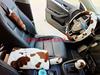 Nuevo Estilo Estampado de Vaca Anillo Interior Freno de Mano Cinturón de Seguridad de Alta Elasticidad Volante de Felpa para Coche Juego de Tres Piezas Protector de Hombro