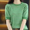 Camiseta de punto de manga corta de algodón puro, estilo nuevo de verano para mujer, cuello redondo, bloques de color clásicos, top simple estilo coreano, camiseta básica rejuvenecedora