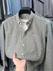 Camisa de manga larga a cuadros para hombres jóvenes y de mediana edad, primavera y otoño, 100% algodón, transpirable, simple, bordada, versátil, casual, camisa con cuello