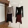 Saia Irregular Aymu Radius Lyocell que Cobre o Corpo para Mulheres, Primavera e Outono, Saia Midi Justa no Quadril, Marrom, Preto, Outras Cores