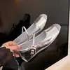 Altura Pequeña 5cm Estilo Francés Pedrería Plata Mary Jane Suela Suave Zapatos de Ballet con Boca Baja Zapatos Individuales para Mujer