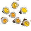 Anel de Calcedônia Amarela Natural Formato de Ovo Oval Abertura Ajustável Presente Cabochão Ágata Amarela Pedra de Jade Anel de Dedo Feminino