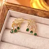 Brincos Super Brilhantes em Forma de Folha de Zircônia Verde com Pingentes de Gota d'Água, Brincos de Moda Exquisitos Estilo Francês de Luxo Leve, Acessórios de Orelha Florais Elegantes