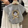 Moda Feminina Elegante Lenço de Cabeça Tridimensional Gato Camiseta Manga Curta 2026 Verão Crianças Maiores Estampada Manga Meia Manga Solta