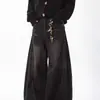 Jeans de perna curva desconstruído lavado retro americano, unissex, moderno, de corte solto, casual, perna reta, perna larga, calça longa