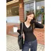Camiseta básica de punto con cuello en V y encaje de estilo francés para mujer, corte ajustado y cálida, adecuada para primavera y otoño
