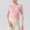 Camiseta de Malla con Volantes y Mangas Largas con Almohadillas en el Pecho, Ropa Deportiva Casual para Yoga, Top de Entrenamiento de Pilates Fitness de Manga Larga