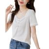 Camisa de punto blanca de manga corta estilo francés de verano 2025 para mujer, cuello de encaje, plisada, ajustada, a rayas