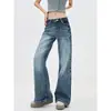 Jeans de mezclilla azul vintage de tiro bajo enfocados en el diseño para mujer, moda de otoño, petite, holgados, adelgazantes, versátiles, pantalones de pierna ancha
