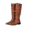 Botas de mujer de tubo alto con punta fina, transfronterizas, para otoño e invierno, color liso, cremallera lateral, versátiles, suela de goma, antideslizantes, tacón cuadrado de tacón medio, botas de montar