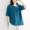 T-shirt de manga curta de cor sólida Verão 2024 Nova camisa pequena solta artística elegante camisa retrô de algodão linho V-neck camisa na moda