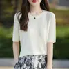 Top de punto para mujer, gofre de Tencel, cuello redondo, manga corta, verano, fino, transpirable, holgado, adelgazante, versátil