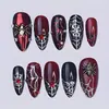 30 Piezas/Set Uñas Postizas Press On Almendra Mediana Negro Borgoña Rojo Diseño de Telaraña con Arañas Metálicas 3D Abalorios de Pedrería Uñas Postizas Brillantes Reutilizables Uñas Adhesivas para Mujeres Niñas Halloween Fiesta Gótica Manicura