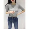 Comercio Exterior Ropa de Mujer Corea Dongdaemun Primavera y Verano Sexy Realzador de Busto Camiseta de Manga Media Mujer Ajustado Adelgazante Top de Manga de Cinco Cuartos