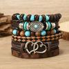 Estilo Occidental Vaquero Europeo y Americano Transfronterizo Cuero Vaca Tau Pino Piedra Alas de Pollo Cáscara de Coco Pulsera de 6 Piezas para Hombre