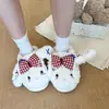 Pantufas de coelho de pelúcia com laço xadrez macias e fofas para mulheres, novo modelo outono e inverno 2026, alto valor estético, pantufas quentes e aconchegantes para casa