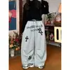 Comercio Transfronterizo Diseño Estilo Americano Retro Nuevo Pantalones Deportivos de Retazos con Patrón de Cruz para Mujer Nuevos Pantalones Anchos Sueltos con Estampado de Letras