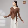 Conjunto de práctica de danza moderna para mujer, top de manga larga irregular con paneles de malla en la parte delantera y trasera, ropa de entrenamiento corporal diario para estudiantes de danza