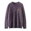 Suéter redondo de malha 100% cashmere escovado para mulheres, nova coleção outono/inverno, cor sólida com bordado, suéter de tricô quente e com caimento solto