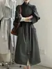 Casaco Trench Coat Vintage Beishan Tongshu com Lapela, Botão Único, Comprimento Médio para Mulheres, Corte Amplo com Cinto, Casaco de Outono 82598