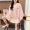 Sudadera de Color Contrastante con Cuello en V para Mujer, Nuevo Estilo Otoño e Invierno 2025, Corte Holgado, Tallas Grandes, Forrada de Polar, Diseño Petite, Top Único