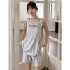 Pijama Sexy de Encaje de Manga Corta Estilo Nuevo 2025 con Almohadillas para el Busto para Mujer Verano Simple Color Puro Casual Conjunto para Estar en Casa