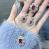 Conjunto de joyas de rubí de tres piezas con pendientes, anillo y collar de alta calidad, exquisito temperamento para mujer, Joker, venta al por mayor