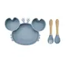 Juego de Alimentación de Silicona para Bebé de 4 Piezas, Plato con Ventosa de Cangrejo, Babero, Cuchara y Tenedor de Madera, Autoalimentación para Niños Pequeños