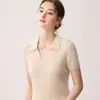 Polo de Manga Curta 100% Caxemira Pura Feminino Simples Slim-Fit Suéter de Malha Camada Base Estilo Executivo