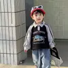 Camiseta de manga larga estilo motociclista americano para niños, modelo nuevo 2025, camisa base a bloques de color elegante y genial para niños