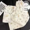 Pijama a cuadros amarillo y blanco con encaje azul para mujer, hecho de algodón nube, corte holgado, talla grande, con botones rojos, cuello de solapa, mangas largas y pantalones largos, conjunto de ropa para el hogar