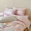 Juego de tres piezas de jacquard de algodón puro con estampado de cuadros rosas estilo Ins, juego de ropa de cama de algodón puro para dormitorio de estudiante, funda de edredón, sábana y funda de almohada, 1.8 metros