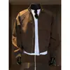 Chaqueta de cuero tie-dye gris para hombre, chaqueta de béisbol corta de patchwork deconstruido estilo americano para otoño con cuello alto, prenda exterior de trabajo