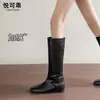 Botas largas de cuero genuino con suela gruesa para aumentar la altura para mujer, colección otoño 2026, punta cuadrada, botas de montar altas y ajustadas para estilizar, botas altas y ajustadas