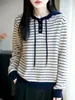 Otoño e Invierno 100% Lana Pura Tejido con Capucha para Mujer Holgado Casual Cordón Rayas Contraste Sudadera con Capucha
