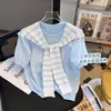 Suéter de Gola Redonda Popular na Internet de Verão com Manga Curta Camisa Tricotada com Xale Estilo Coreano Chique Top Falso de Duas Peças Camisa Pequena para Mulheres
