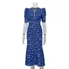 Vestido de Verão com Estampa Digital Estilo Francês para Mulheres, Manga Curta, Decote V, Pregueado, Cintura Alta, Saia Longa Floral