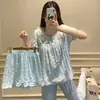 Pijama de Algodón Nube para Mujer, Estilo Coreano de Primavera y Verano, Estilo Princesa, Holgado, a Cuadros, de Manga Corta, Conjunto de Tres Piezas para Casa que se Puede Usar Afuera