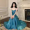 Vestido Azul Sereia Longo com Bojos e Alças para Cerimônia de Debutante, Festa de Aniversário e Noite das Meninas