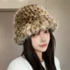 Sombrero de Pescador con Estampado de Leopardo para Otoño e Invierno con Ala Ancha, Sombrero Cálido de Moda, Sombrero de Piel Sintética, Sombrero de Felpa Retro para Adelgazar la Cara