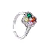 Anillo Abierto de Cuatro Hojas con Circonia Incrustada de Diamantes Completos de Colores para Mujer, Nicho de Gama Alta, Apilable, Anillo de Dedo de Temperamento Exquisito