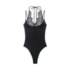 Mono Sexy de Color Sólido sin Espalda con Encaje Empalmado y Cuello Halter, Estilo Europeo y Americano, Nuevo para Primavera y Verano 2026, Escote en V Profundo para Mujer
