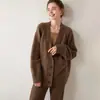 Suéter de punto de cachemira para mujer, cinco agujas cuatro hilos, cuello en V, longitud media, cárdigan de un solo botón, manga larga, abrigo cálido, estilo casual