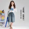 Camiseta Manga Curta para Meninas 2026 Novo Verão Infantil Seda de Gelo Falsa Duas Peças Manga Longa Roupas de Proteção Solar Crianças Maiores Top Verão