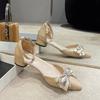 Sandalias de Dedo para Mujer Verano 2025 Nuevo Puntiagudas Tacón Grueso Lazo de Pedrería Estilo Hada Zapatos Franceses de Tacón Alto