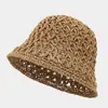 Sombrero de Pescador de Paja Hueco de Verano para Mujer, Viajes al Aire Libre, Vacaciones en la Playa, Sombrero de Sol Transpirable, Sombrero de Cubo de Moda para Adelgazar la Cara