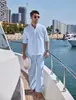 Primavera 2026 Comercio Exterior Amazon Más Vendido Conjunto de Camisa Henley Casual de Lino y Algodón de Color Sólido para Hombre + Pantalones
