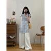Conjunto de Ropa de Verano para Mujer Tallas Grandes: Nuevo Conjunto de Dos Piezas Estilo Chino: Camisa Azul Claro de Manga Corta y Pantalones Blancos de Pierna Ancha