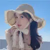 Chapéu de Palha de Verão Feminino com Laço, Topo Plano, Aba Larga, Chapéu de Sol para Viagem e Praia, Estilo Japonês Proteção Solar